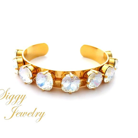 Gold Plated Athena Cuff Bracelet, 12mm Cushion Cut Crystal Moonlight Crystals - Picture 1 of 7